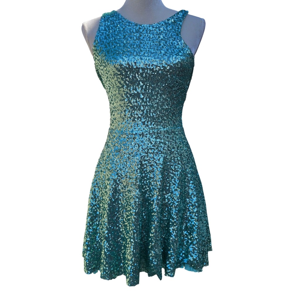 TFNC London Teal Turquoise Sequin Skater Dress Sleeveless Mini Party Dress